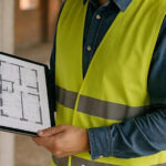 Homem realizando planejamento de obra em tablete