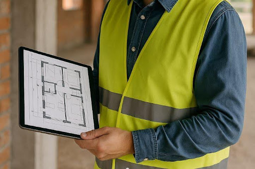 Homem realizando planejamento de obra em tablete