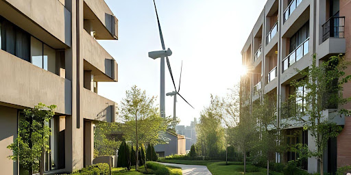 Prédios modernos com turbina eólica ao fundo.